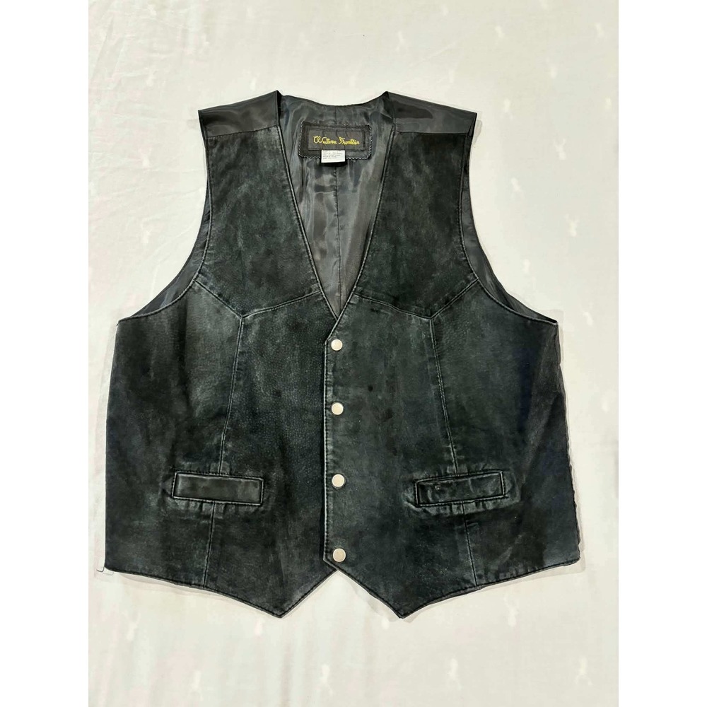 Western Frontier Mens Black‎ Leather Vest Suede Biker Cowboy Size XL Snap Front